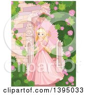 Beautiful Blond Haired Blue Eyed Caucasian Princess In A Pink Dress Strolling With A Parasol In A Castle Rose Garden