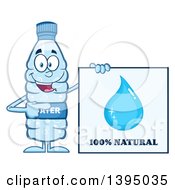 Cartoon Bottled Water Mascot Pointing To A 100 Percent Natural Sign