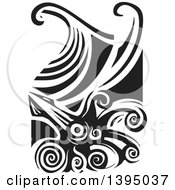 Poster, Art Print Of Black And White Woodcut Giant Squid And Ocean Waves