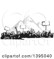 Poster, Art Print Of Woodcut Crowd Of Protestors Holding Signs Over The Egyptian Pyramids