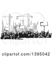 Poster, Art Print Of Woodcut Crowd Of Protestors Holding Signs Near A Factory Under Construction