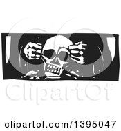 Poster, Art Print Of Black And White Woodcut Gods Hands Creating A Human Skull