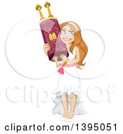 Happy Jewish Girl Holding A Torah For Bat Mitzvah