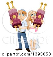 Clipart Of A Happy Jewish Boy And Girl Holding Torahs For Bar Mitzvah And Bat Matzvah Royalty Free Vector Illustration
