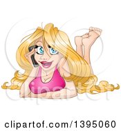 Clipart Of A Blue Eyed Blond Caucasian Woman Laying On The Floor And Talking On A Cell Phone Royalty Free Vector Illustration