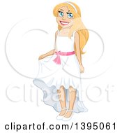 Poster, Art Print Of Happy Blue Eyed Blond Caucasian Girl Posing In A White Dress With A Pink Bow