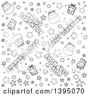 Poster, Art Print Of Black And White Lineart Seamless Happy Birthday Background With Text Stars Confetti Cake And Gifts