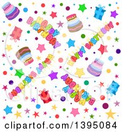 Poster, Art Print Of Seamless Happy Birthday Background With Text Stars Confetti Cake And Gifts