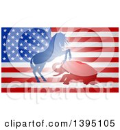 Poster, Art Print Of Silhouetted Political Aggressive Democratic Donkey Or Horse And Republican Elephant Fighting Over A Usa Flag