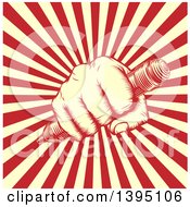 Poster, Art Print Of Retro Woodcut Or Engraved Fisted Hand Holding A Pencil Over Rays