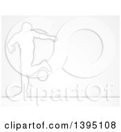 Clipart Of A White Silhouetted Male Soccer Player In Action Controlling The Ball Over Gray Royalty Free Vector Illustration