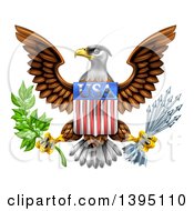 Poster, Art Print Of The Great Seal Of The United States Bald Eagle With An American Usa Flag Shield Holding An Olive Branch And Silver Arrows