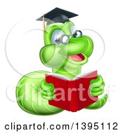 Poster, Art Print Of Happy Bespectacled Green Professor Or Graduate Earthworm Reading A Red Book