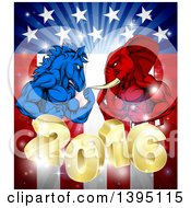 Clipart Of A Political Aggressive Democratic Donkey Or Horse And Republican Elephant Flexing Over A 2016 American Flag And Burst Royalty Free Vector Illustration