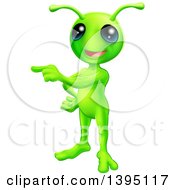Clipart Of A Friendly Green Alien Pointing To The Right Royalty Free Vector Illustration