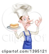 Poster, Art Print Of White Male Chef With A Curling Mustache Holding A Hot Dog On A Platter And Gesturing Ok