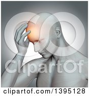 Clipart Of A 3d Anatomical Man With A Glowing Headache And Barely Visible Muscles On A Gray Background Royalty Free Illustration