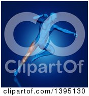 Clipart Of A 3d Blue Anatomical Man Fighting And Jumping With Visible Leg Muscles On Blue Royalty Free Illustration