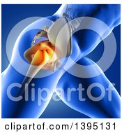 Poster, Art Print Of 3d Closeup Of An Anatomical Man With Visible And Glowing Hip Pain On Blue