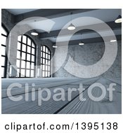 Poster, Art Print Of 3d Industrial Warehouse Loft Interior With Hanging Lights Big Windows And Wood Floors