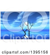 Poster, Art Print Of 3d Blue Ocean Scape With Bare Trees And The Moon