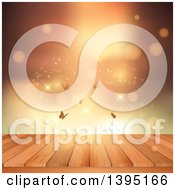 Poster, Art Print Of Wood Deck With Butterflies Sparkles Flares And Gold Light