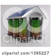 Poster, Art Print Of 3d House Made Of Batteries With A Solar Panel Roof On An Off White Background