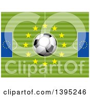 Poster, Art Print Of Soccer Pitch With A 3d Ball And Stars In The Center And European Flags On The Sides