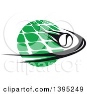 Clipart Of A Black And White Flying Tennis Ball Over A White Net And A Green Circle Royalty Free Vector Illustration