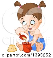 Poster, Art Print Of Cartoon Happy Brunette Caucasian Girl Playing With Sand On A Beach
