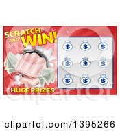Clipart Of A Scratch And Win Lottery Ticket Design With A Fisted Hand Holding Cash Money Royalty Free Vector Illustration