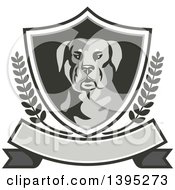 Retro Rottweiler Head In A Shield With Laurel Branches Over A Blank Banner