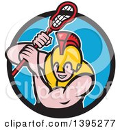 Cartoon Gladiator Lacrosse Player Wearing Spartan Helmet And Striking Emerging From A Black And Blue Circle
