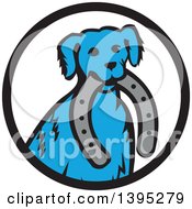 Poster, Art Print Of Retro Blue Dog Sitting With A Horseshoe In His Mouth Inside A Black And White Circle