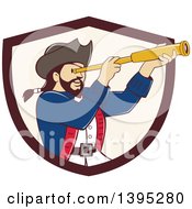 Retro Cartoon Male Pirate Captain Viewing Through A Spyglass Emerging From A Brown And Beige Shield