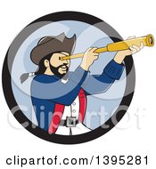 Retro Cartoon Male Pirate Captain Viewing Through A Spyglass Emerging From A Black And Blue Circle