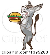 Clipart Of A Retro Donkey Standing Upright And About To Take A Bite Out Of A Cheeseburger Royalty Free Vector Illustration