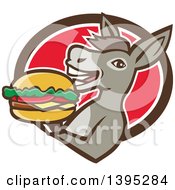 Poster, Art Print Of Retro Donkey Holding A Cheeseburger And Emerging From A Brown White And Red Oval