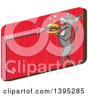 Poster, Art Print Of Retro Donkey Standing Upright And About To Take A Bite Out Of A Cheeseburger On A Red Sign