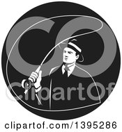 Clipart Of A Retro Mobster Gangster Guy Fly Fishing In A Black And White Circle Royalty Free Vector Illustration