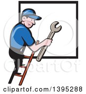 Poster, Art Print Of Retro Cartoon White Handy Man Holding A Spanner Wrench And Climbing A Ladder To A Window Or Sign