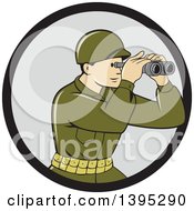 Retro Cartoon World War One American Soldier Looking Through The Binoculars In A Black And Gray Circle