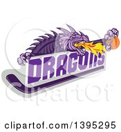 Poster, Art Print Of Retro Purple Fire Breathing Dragon Holding A Ball Over Text And Hockey Stick