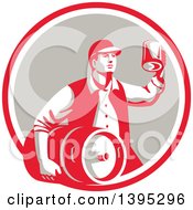 Poster, Art Print Of Retro Man Carrying A Beer Keg And Holding Up A Mug Of Beer In A Red White And Taupe Circle