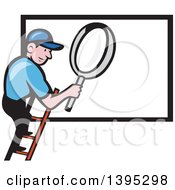Poster, Art Print Of Retro Cartoon Caucasian Handy Man On A Ladder Holding A Magnifying Glass Over A Billboard Sign