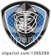 Poster, Art Print Of Retro Ice Hockey Goalie Helmet Over A Net In A Gray Black White And Blue Shield