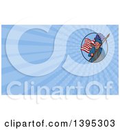 Poster, Art Print Of Sketched American Patriot Carrying A Flag Inside An Oval And Blue Rays Background Or Business Card Design