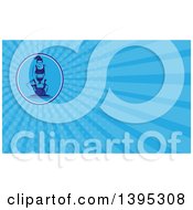 Clipart Of A Retro Woman Squatting To Lift A Kettlebell And Blue Rays Background Or Business Card Design Royalty Free Illustration