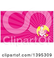 Clipart Of A Retro Woman Rosie The Riveter Rolling Up A Sleeve And Working Out Doing Bicep Curls With A Dumbbell And Pink Rays Background Or Business Card Design Royalty Free Illustration