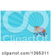 Poster, Art Print Of Colorful Mosaic Walking Elephant And Blue Rays Background Or Business Card Design